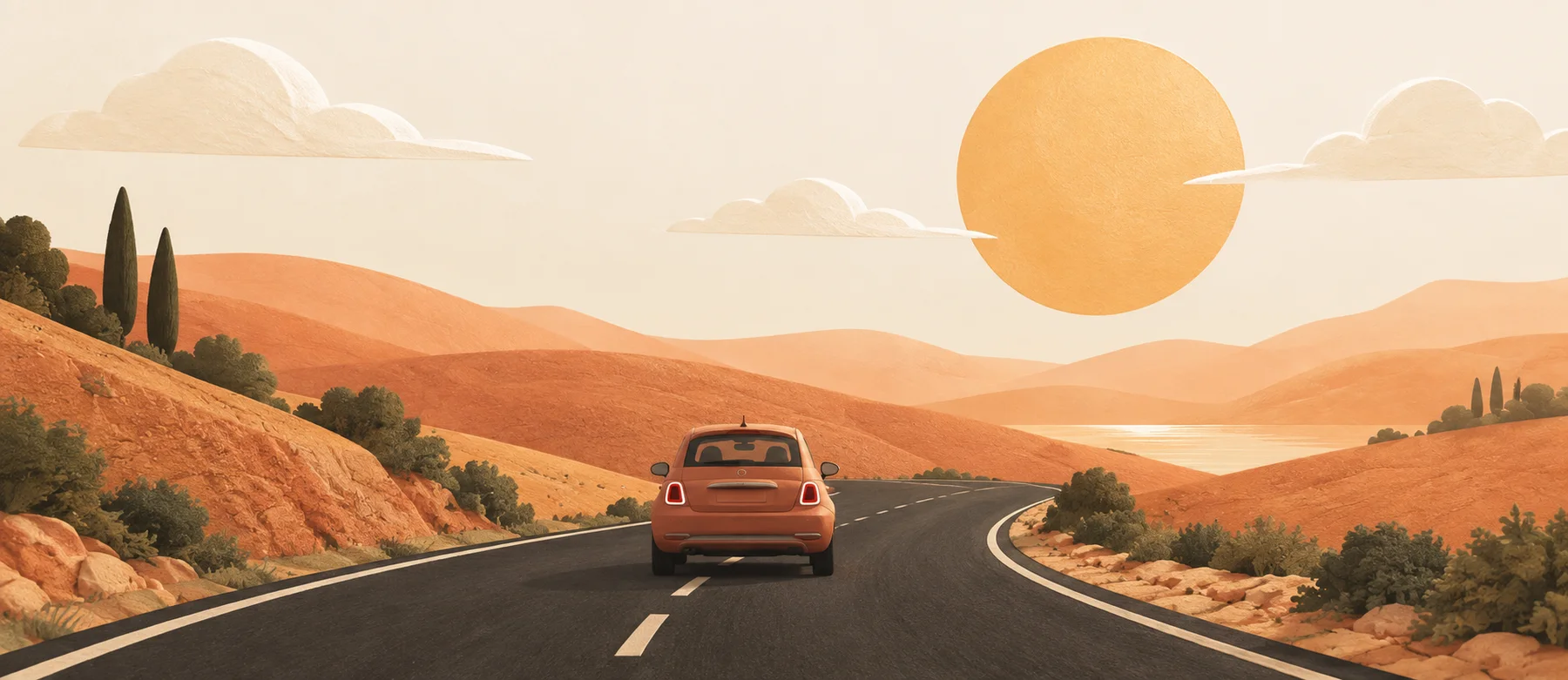 A terracotta car on a winding road through warm hills under a golden sun.